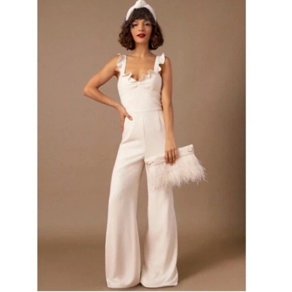 Monique Lhuillier Pants - ML Monique Lhuillier X BHLDN Ada Ruffle White Jumpsuit 12 NWT